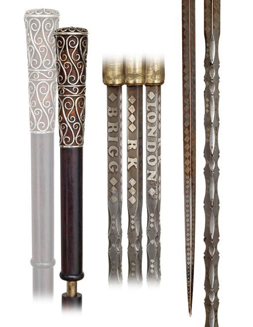 7. Brigg Sword Cane-Ca. 1890-Silver wire filigree ha: 7. Brigg Sword Cane-Ca. 1890-Silver wire filigree handle on an ebony shaft with a horn ferrule. 8 down from the top, the shaft breaks in two pieces through a friction lock device to release a 13 squar