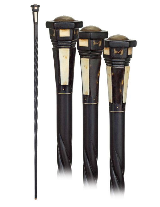 24. Marine Ebony, Whale Tooth, Tortoiseshell and Ba: 24. Marine Ebony, Whale Tooth, Tortoiseshell and Baleen Cane-Late 19th Century-Octagonal ebony knob with alternating whale tooth and tortoiseshell veneer on the side and a baleen shield on the top, eb