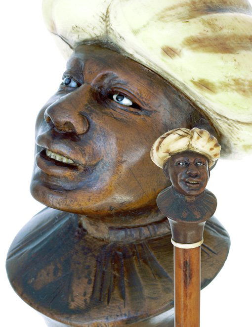 47. Ivory & Ebony Black Boy Cane-19th Century-A gre: 47. Ivory & Ebony Black Boy Cane-19th Century-A great character carving of a Black Boy with a chubby face marked by a joyful character accented by inset sparkling glass eyes and ivory teeth. The ebony