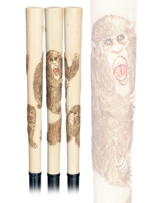 115. Japanese Export Ivory Cane-Meiji Period-Beaut: 115. Japanese Export Ivory Cane-Meiji Period-Beautiful and long ivory handle with two monkeys, ebony shaft and an ivory ferrule. The character of the primates, which seem fighting for a fruit in the h