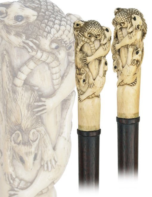 121. Japanese Export Ivory Cane-Meiji Period.-A la: 121. Japanese Export Ivory Cane-Meiji Period.-A large and nice ivory knob carved in high relief with four rats and an owl, well figured feather coat for the owl and fur for the rats, and, all the eyes