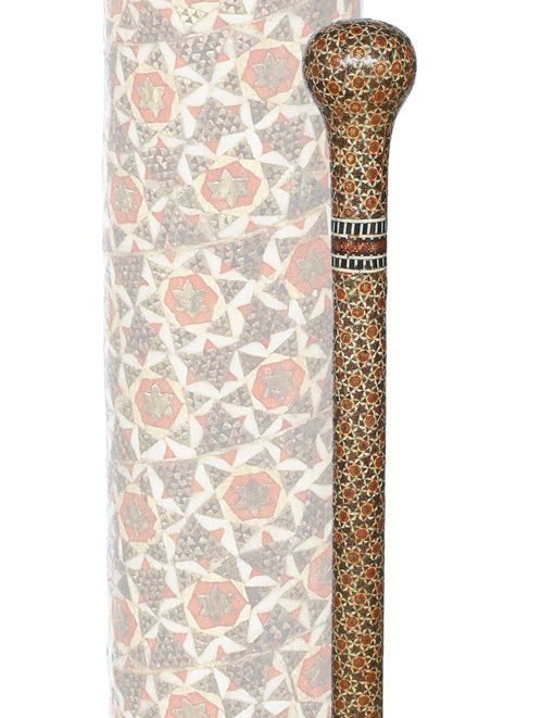 126. Mullah Parade Cane-Ca. 1850-Substantial knob: 126. Mullah Parade Cane-Ca. 1850-Substantial knob and shaft entirely covered with dense metal and ivory micro mosaics building geometrical Oriental patterns. Made by an artisan with a religious fervor