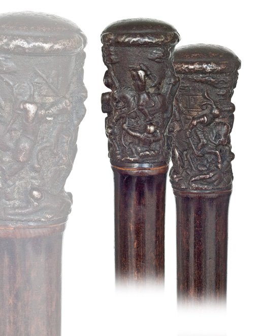 151. Knights Steel Knob-19th Century-Steel knob mo: 151. Knights Steel Knob-19th Century-Steel knob modeled with Knight fights on horses depicted in the middle ages taste. The knob with a high relief and dark oxidization is probably Spanish and comes o