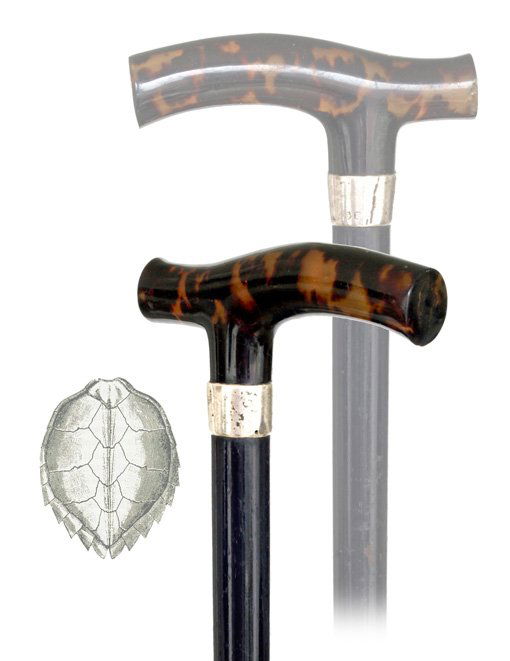 153. Tortoiseshell Dress Cane-Ca. 1900-Opera torto: 153. Tortoiseshell Dress Cane-Ca. 1900-Opera tortoiseshell handle, ebony shaft with a silver collar and ebony shaft with a metal ferrule. The handle shows the valued marbled and well streaked, warm me