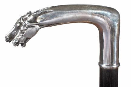 172. Silver Race Horse Cane-Ca. 1915-A Russian twi: 172. Silver Race Horse Cane-Ca. 1915-A Russian twin race horse silver handle with its proof marks, ebony shaft and metal ferrule-H. 5 x 2 , O.L. 36-