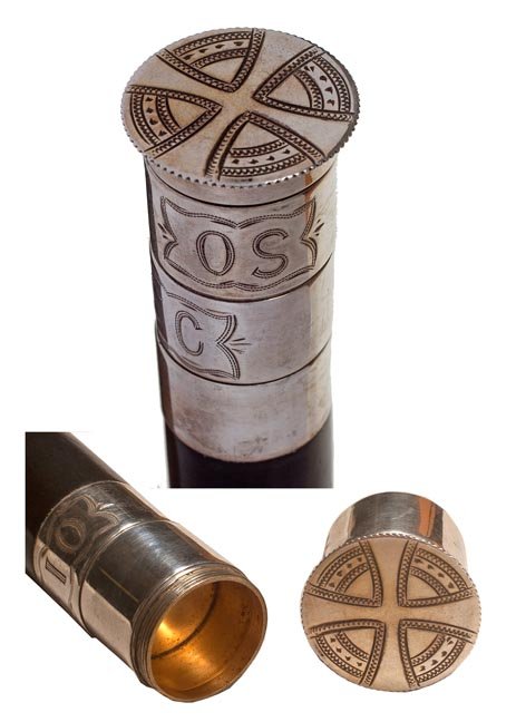 219. Last Rights Priest Cane-Ca. 1900-A communion: 219. Last Rights Priest Cane-Ca. 1900-A communion cane which handle has three compartments which are labeled, OS-SC-OI, thick ebonized shaft and a brass handle-H. 2 "x 1 ", O.L. 36 "-