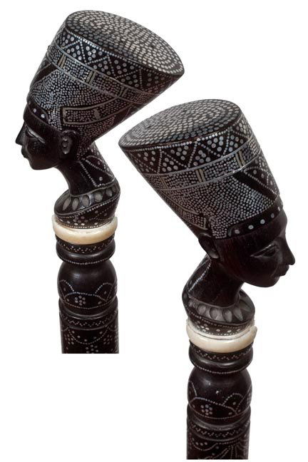 220. Egyptian Inlaid Cane-Ca. 1960-A fine example: 220. Egyptian Inlaid Cane-Ca. 1960-A fine example of this often seen subject matter with hundreds of pieces of pique work, bone collar, rich ebony shaft and a horn ferrule-H. 4" x 3", O.L. 38"-