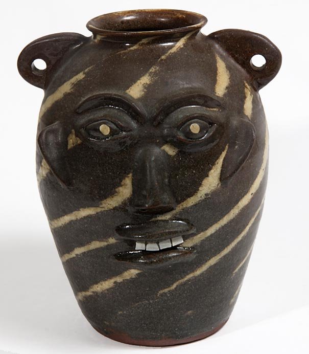 Southern Folk Pottery-Walter Fleming-Swirl vase vessel : Southern Folk Pottery-Walter Fleming-Swirl vase vessel with ear handles, 10 1/2"