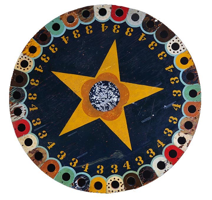 Carnival Wheel, mid 20th Century, a painted wood, proba: Carnival Wheel, mid 20th Century, a painted wood, probably mouse wheel, with original paint and in as found condition, diameter 48”