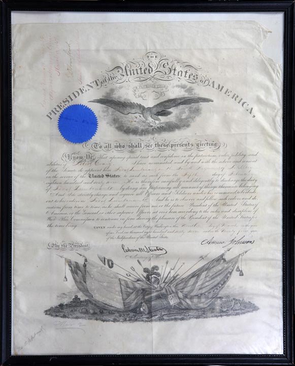 President Andrew Johnson Military appointment: President Andrew Johnson nomination for Robert Craig as a 1st Lt., Staunton Sec of War, on Vellum, framed, app. 16" x 20"