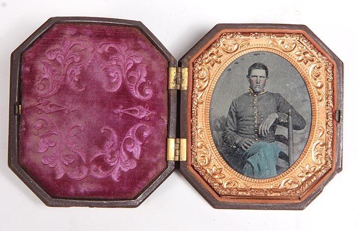 Civil War Tin Type in Gutta Percha Case-"Joe Bill Loudy: Civil War Tin Type in Gutta Percha Case-"Joe Bill Loudy Civil Wars" is written inside the S. Peck case, grey blue pants, gold buttons, Greene County Tennessee chair in photo, case and photo in fine co