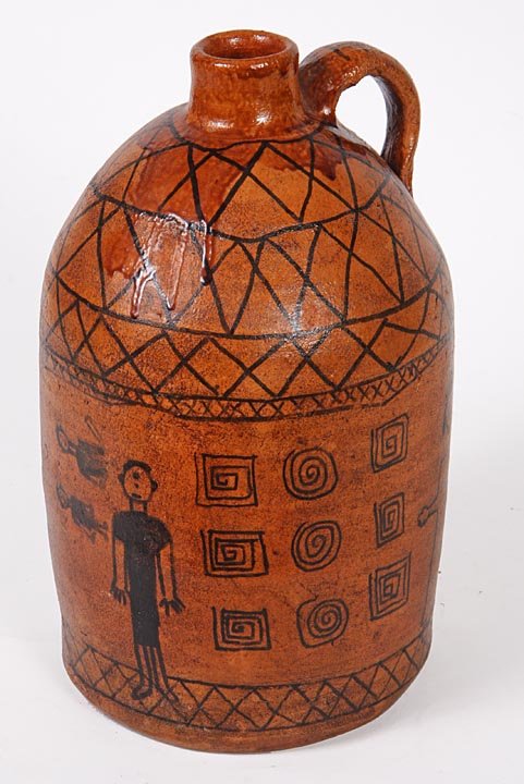 Hewell Pottery folk Jug: App. three gallons, 14" x 9" no damage,Later decoration