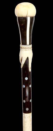 3. Whalebone Nautical Cane- Ca. 1875-An unusual whales : 3. Whalebone Nautical Cane- Ca. 1875-An unusual whales tooth handle with baleen side panels, carved hand, exotic wood collar with inserts of abalone, whalebone shaft and never has a ferrule. H. 1 5/16