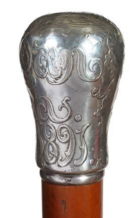 89. Tiffany Sterling Dress Cane-Dated 1891-A removable : 89. Tiffany Sterling Dress Cane-Dated 1891-A removable sterling handle which has “Virginia Christmas 1891”, cast into the handle in high relief with various foliage, probably a custom made piece b