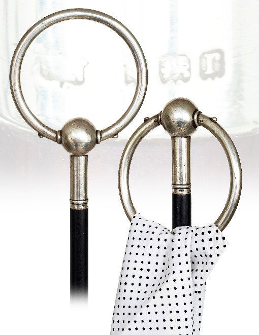 103. Silver Scarf Holder Cane -London hallmarks 1908-Go: 103. Silver Scarf Holder Cane -London hallmarks 1908-Good quality and very large swiveling loop over silver handle, ebony shaft and a horn ferrule-H. 6 ½” x 4 ½”, O.L. 39 ¾”