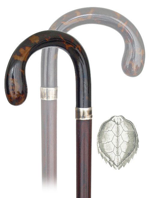 112. Tortoiseshell Dress Cane -Beginning of the 20th Ce: 112. Tortoiseshell Dress Cane -Beginning of the 20th Century-Well streaked tortoiseshell crook handle on an ebony shaft with a metal ferrule and plain Sterling silver collar with Birmingham hallmarks.