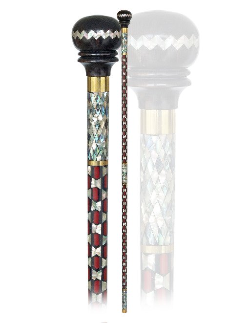 128. Oriental Parade Cane-20th Century-Ebony cane with : 128. Oriental Parade Cane-20th Century-Ebony cane with an ebony ball knob lavishly embellished with mother of pearl inlay and what seems to be red stained tortoiseshell in various diamond patterns, gi