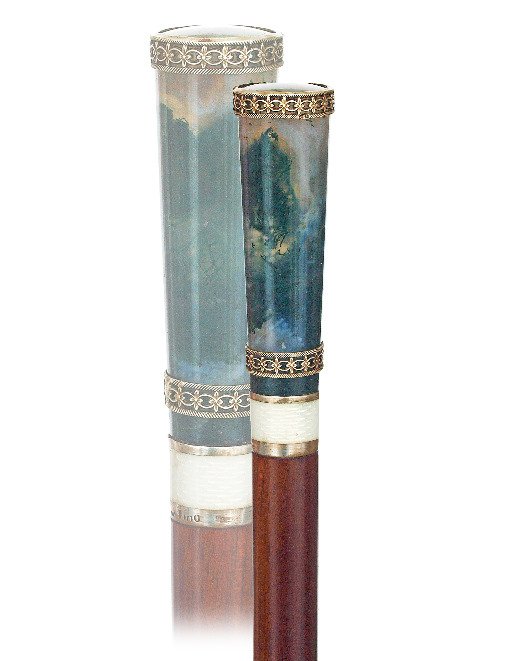 145. Hardtone and Enamel Dress Cane-19thCentury-Long In: 145. Hardtone and Enamel Dress Cane-19thCentury-Long Indian agate handle of a greenish color and with the intriguing400, material specific green, leafy-like inclusions. Silver and guilloche enamel, ro