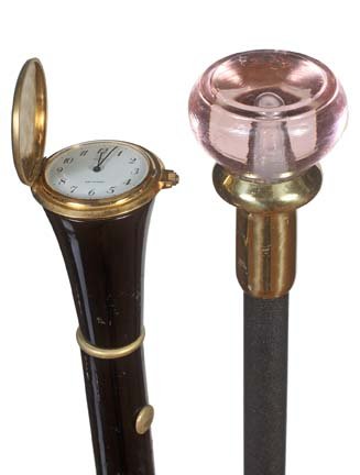 228. Two Modern Canes-One being a signed Gucci Italy wa: 228. Two Modern Canes-One being a signed Gucci Italy watch compartment cane and the other a Bridges paper weight cane