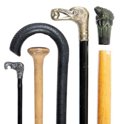 245. Group of Five Canes-Including a Heywood Wakefield : 245. Group of Five Canes-Including a Heywood Wakefield 1933 World’s Fair piece, a rubber tire cane, an odd massive shaft, one frog handle and others