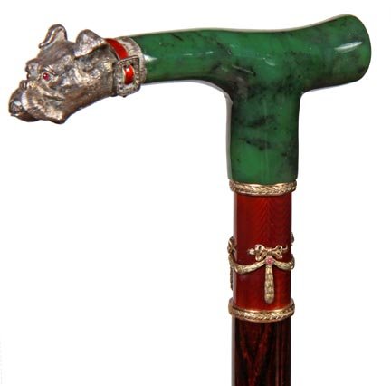 100. Faberge Style Dress Cane-20th Century-A spinach ja: 100. Faberge Style Dress Cane-20th Century-A spinach jade handle with a silver bulldog as an end cap, faux marked Russian hallmarks on a large gold enameled collar with four rubies, exotic wood shaft 