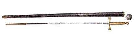 144. Masonic Sword Cane-Ca. 1900-A Spencer & Co. London: 144. Masonic Sword Cane-Ca. 1900-A Spencer & Co. London ceremonial 29” sword cane, gold gilded handle, Masonic emblem and flowers etched on blade, leather covered shaft and a brass ferrule-O.L. 35 �
