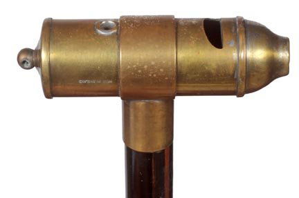 148. Handsome Cab Whistle Cane-Ca. 1935-A signed Britis: 148. Handsome Cab Whistle Cane-Ca. 1935-A signed British brass cab whistle with a nice deep tone, brass collar, exotic wood shaft and no ferrule-H. 4 ½” x 1 ½”, O.L. 36”-