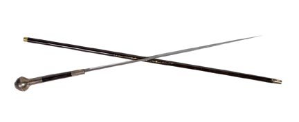 210. Irish Greene Royal Hussars Sword Cane-Ca. 1930-A s: 210. Irish Greene Royal Hussars Sword Cane-Ca. 1930-A silver metal ball handle, two silver metal collars, 17” four sided blade, ebonized shaft and a metal ferrule-H. 2” x 3”, O.L. 36”-