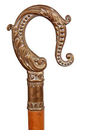 226. Shepherd’s Crook Cane-Ca. 1900-A bell bronze handl: 226. Shepherd’s Crook Cane-Ca. 1900-A bell bronze handle which is mostly copper, signed “9 Tutill City Road London”, a quality and timeless casting, large copper collar, 1 ¼” malacca shaft an