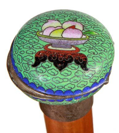 236. Cloisonné Pocket Watch Cane-Early 20th Century-A n: 236. Cloisonné Pocket Watch Cane-Early 20th Century-A nice compartment pocket watch cane with the watch needing reassembling, silver dial, hinged case, silver metal collar, malacca shaft and a metal