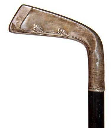 238. Silver Sunday Stick Cane-Ca. 1920-A hallmarked Ger: 238. Silver Sunday Stick Cane-Ca. 1920-A hallmarked German 800 silver golf Sunday Stick Cane with a few dents and dings, ebonized shaft and a horn ferrule-H. 3 ¾” x 3 ½”, O.L. 36”-