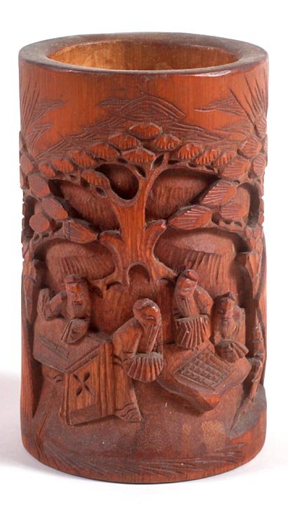 Chinese bamboo carved brush pot 5" x 3" x 3"