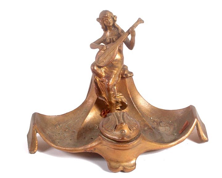 Art Nouveau bronze inkwell w/glass insert original pati