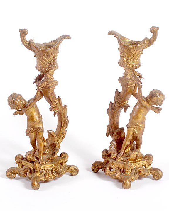 Cast iron Victorian candle sticks w/early gold paint fi
