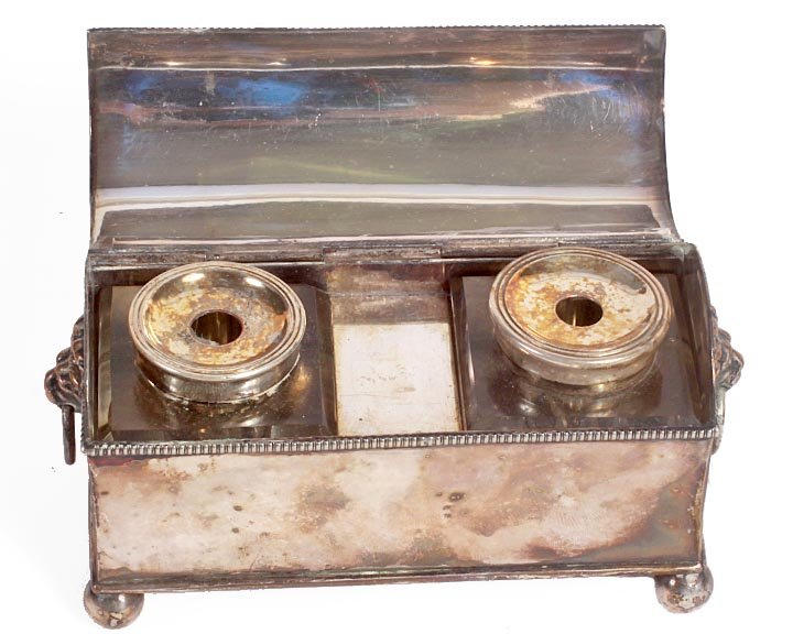 Sheffield plate double inkwell, inserts have one chippe - 2