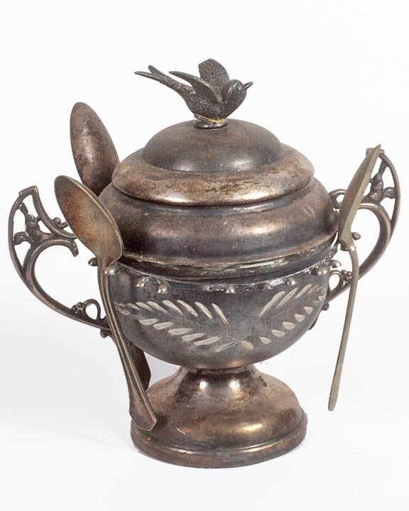 Victorian silver-plate sugar bowl, missing 70% of plate