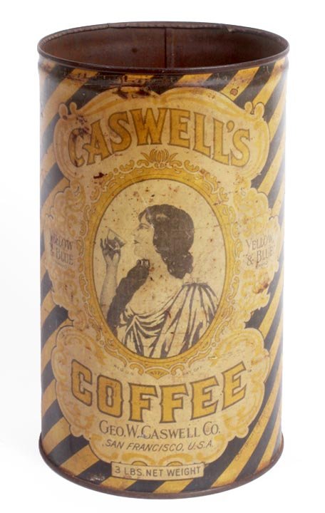 One pound coffee tin, Caswell's, average as found condi