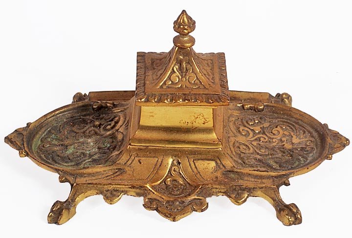 Brass inkwell, probably 20th C., metal insert. 6" x 9"