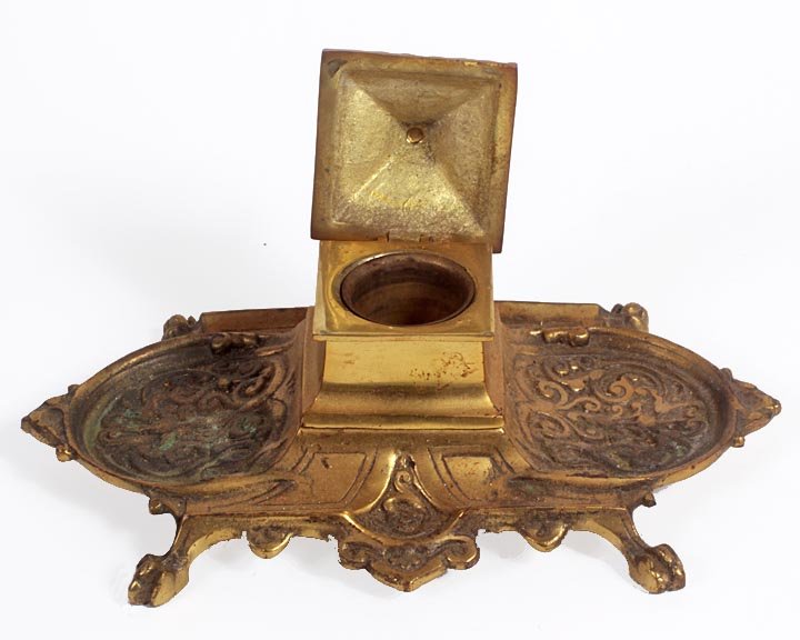 Brass inkwell, probably 20th C., metal insert. 6" x 9" - 2