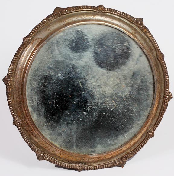 Silver-plate platform mirror, circa 1920, fine conditio: Silver-plate platform mirror, circa 1920, fine condition after you polish it. 15" diameter