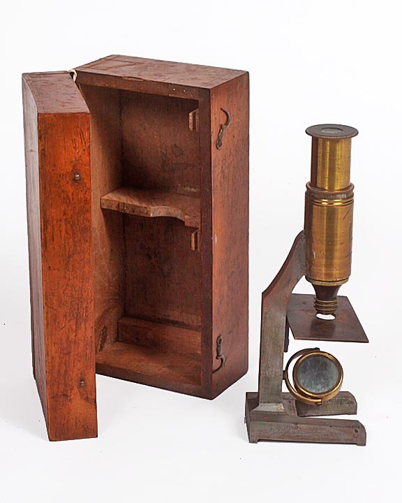 Brass unsigned microscope, in original box, late 19th C