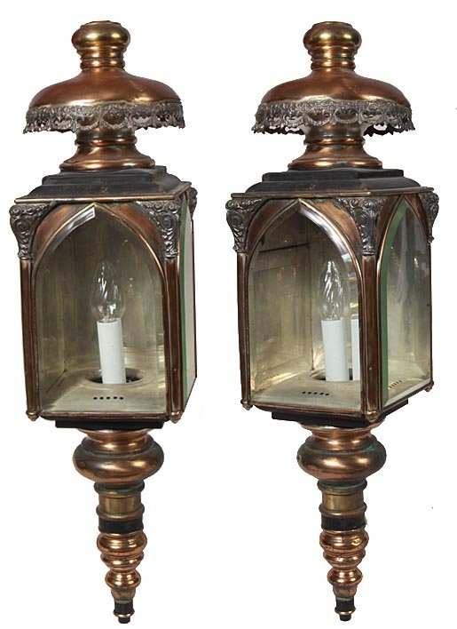 Pair of period coach lanterns/electrified, copper and m