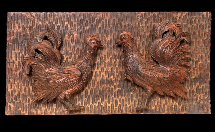 Carved rooster fight plaque, fine condition except one 