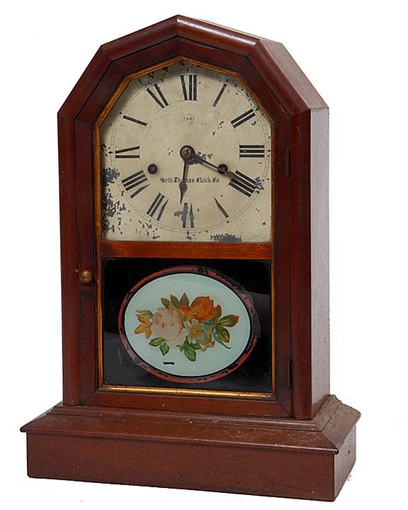 Seth Thomas mantel clock w/reverse painted front, fair 