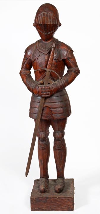 Carved hardwood knight w/metal sword, which is removabl