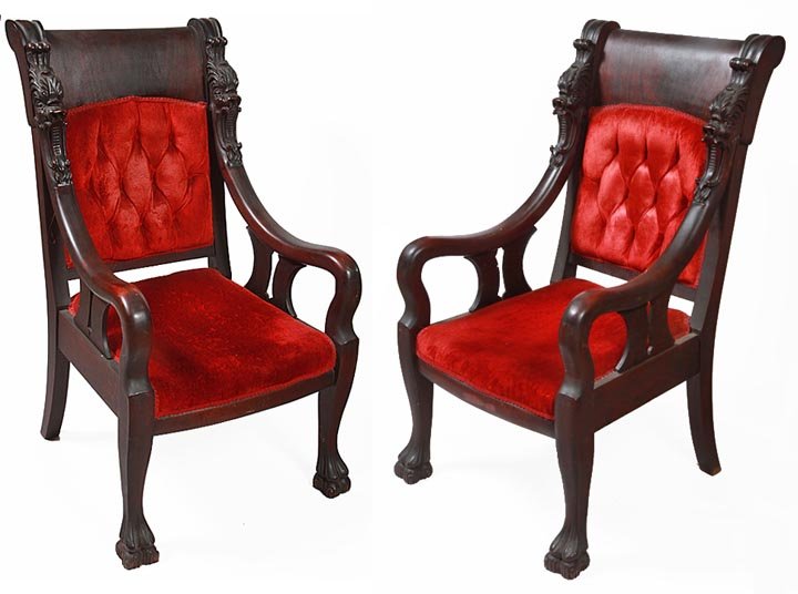 Pair of mahogany carved lion chairs, in good condition,