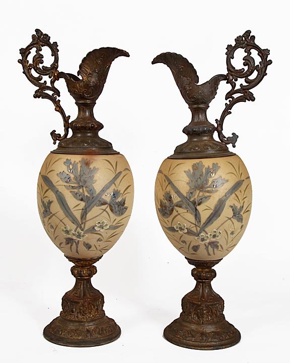 Pair of glass and metal Victorian urns, a highly paint 