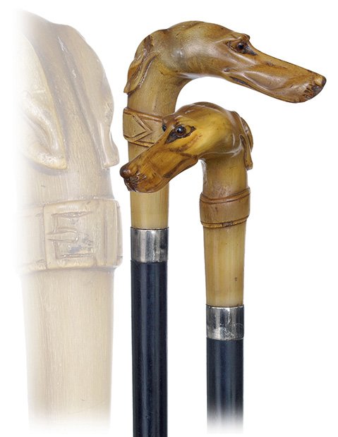 1. Siam Horn Dog Head Cane-Ca. 1880-Large L-shaped hand: 1. Siam Horn Dog Head Cane-Ca. 1880-Large L-shaped handle with a long muzzled and floppy eared dog head, inset glass eyes and an engraved belt collar, ebony shaft with horn ferrule and plain silver co