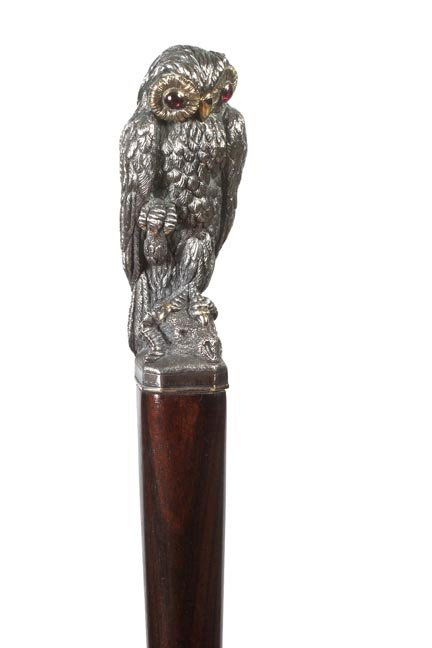 53. Jeweled Gold and Silver Owl French Dress Cane-Ca. 1: 53. Jeweled Gold and Silver Owl French Dress Cane-Ca. 1880-A high end “Object of Virtue” silver casting with inset cabochon ruby eyes, a custom built two piece makassar ebony shaft and a bronze fe