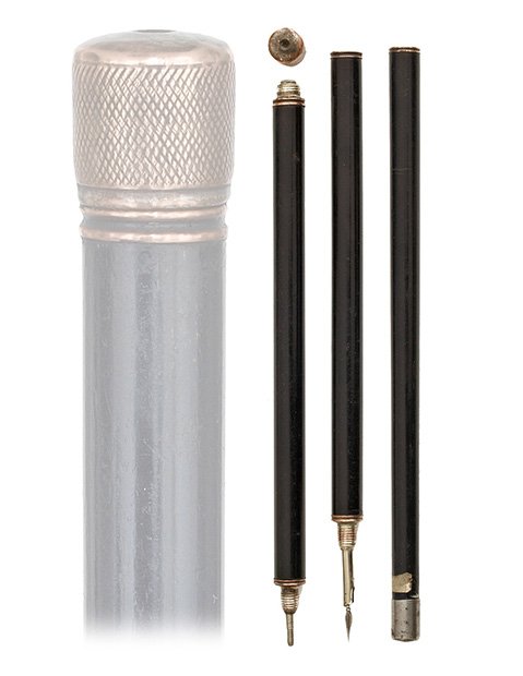 105. Inkpot, Pen, Pencil and Stanhope Gadget Cane-Ca. 1: 105. Inkpot, Pen, Pencil and Stanhope Gadget Cane-Ca. 1900-The fruitwood cane unscrews in three parts and has a corked inkpot under the knob with an obscured Stanhope, a pencil attached to the first p
